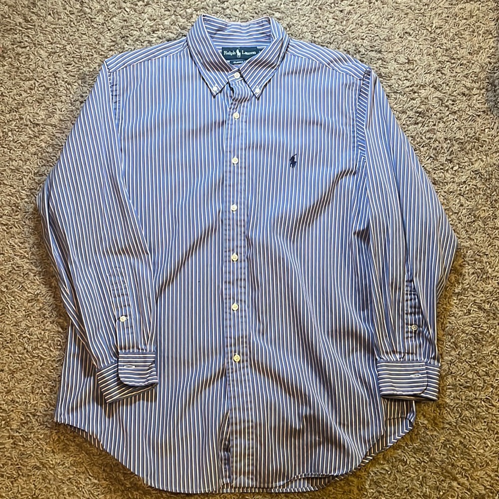 Polo long sleeve blue and pink striped shirt